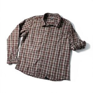 Y2K VTG Eddie Bauer Mens 2XL Brown Plaid Button Up Long Roll Tab Sleeve Gorpcore